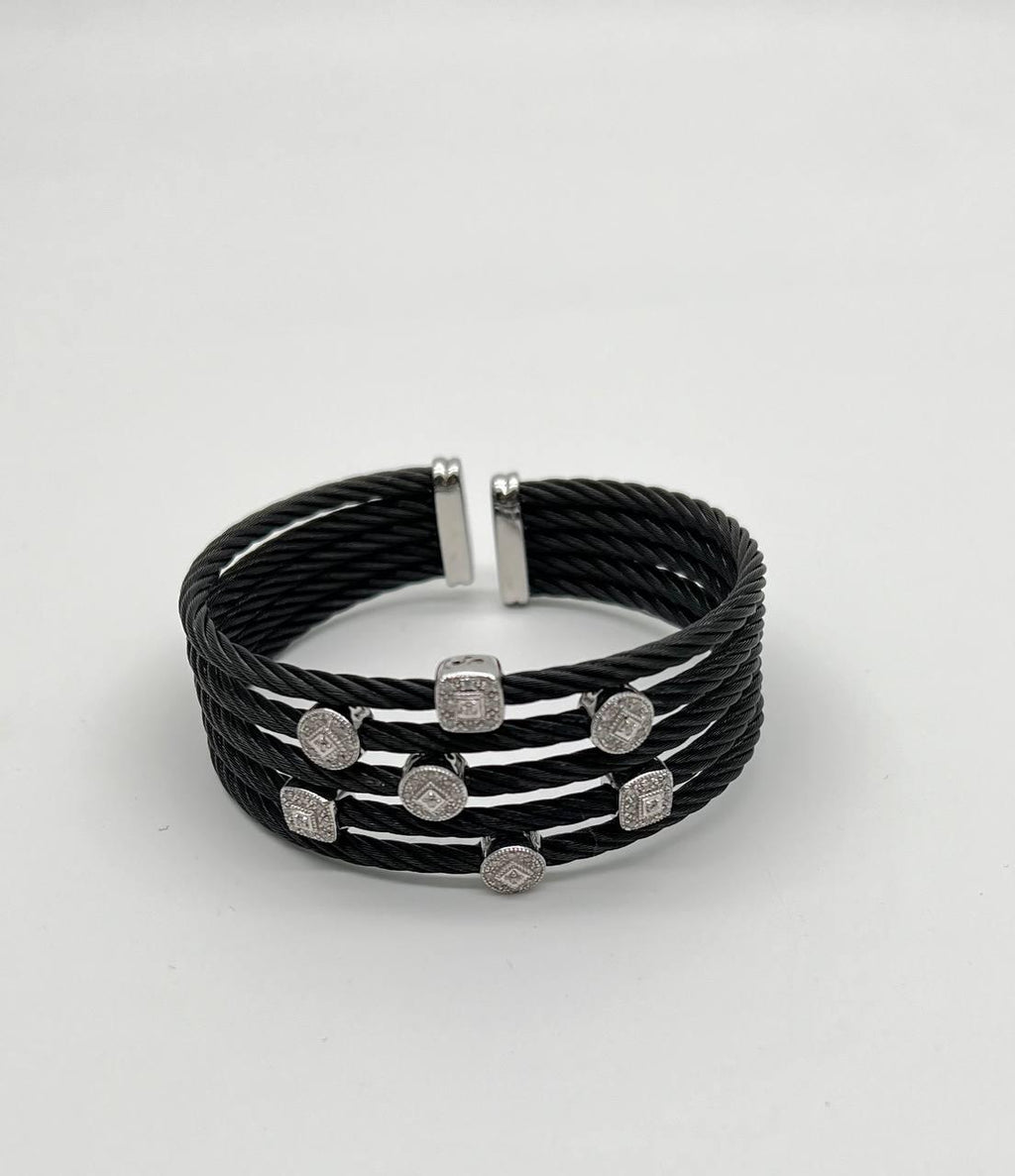 Cable Multi Row with 18K White Gold White Diamonds Filigree Statement Bracelet
