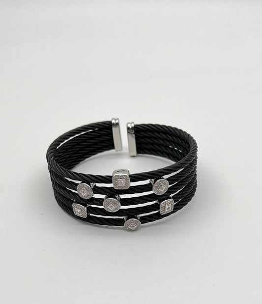 Cable Multi Row with 18K White Gold White Diamonds Filigree Statement Bracelet