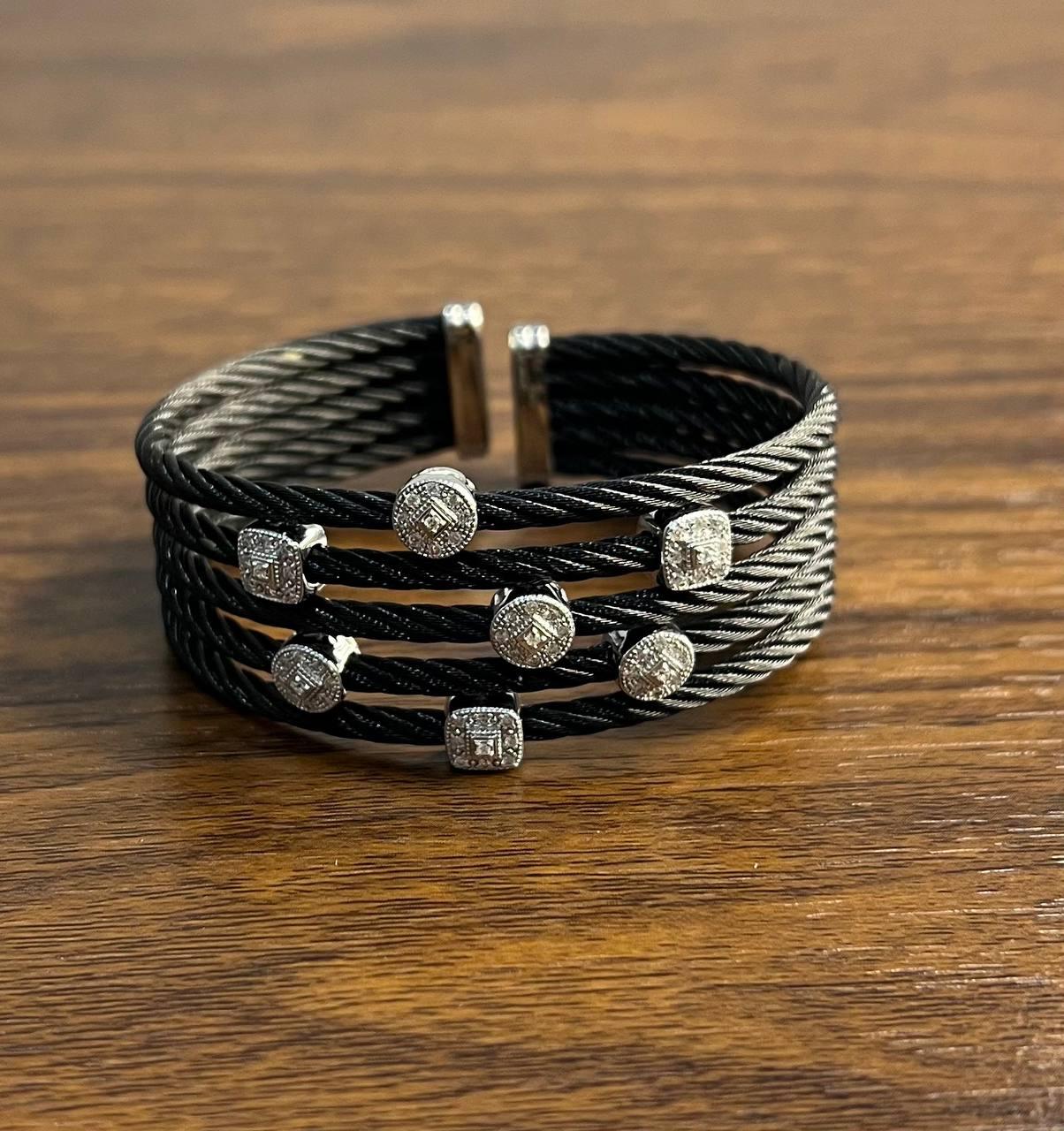 Cable Multi Row with 18K White Gold White Diamonds Filigree Statement Bracelet