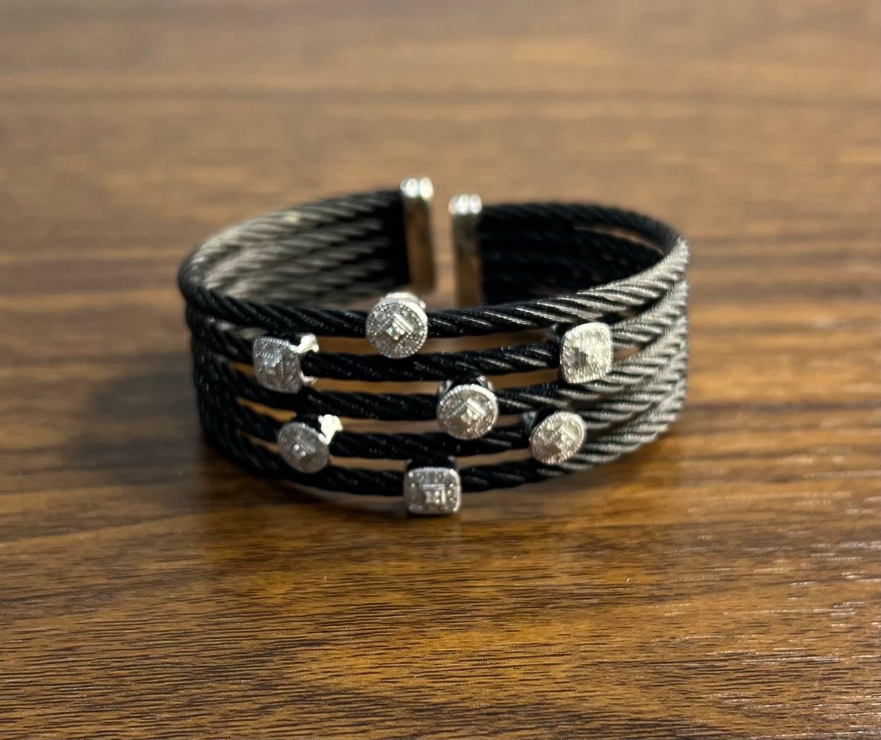 Cable Multi Row with 18K White Gold White Diamonds Filigree Statement Bracelet