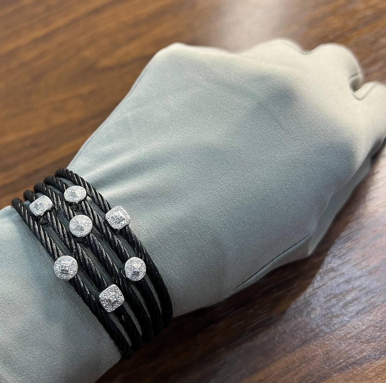 Cable Multi Row with 18K White Gold White Diamonds Filigree Statement Bracelet