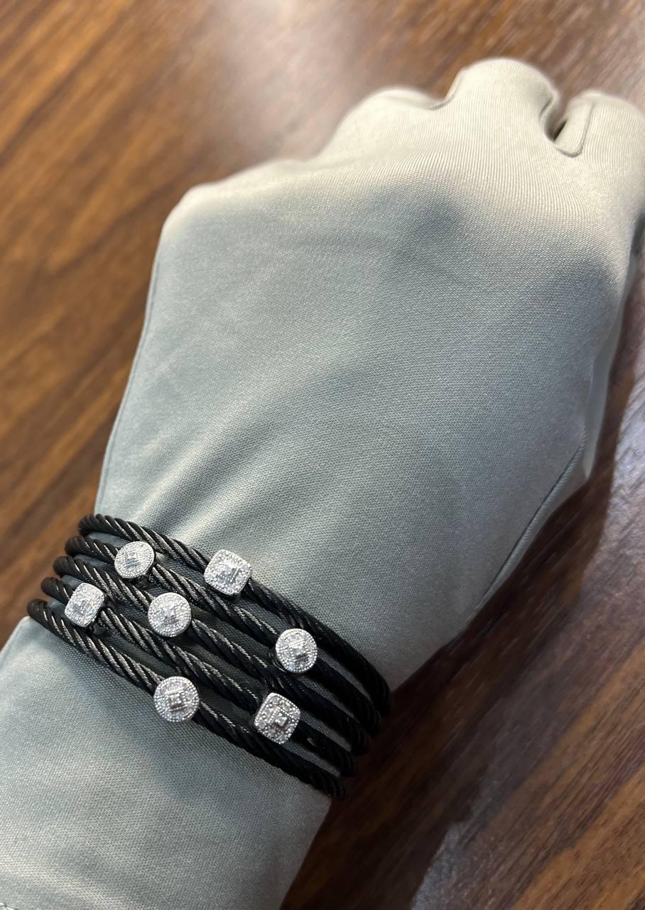 Cable Multi Row with 18K White Gold White Diamonds Filigree Statement Bracelet