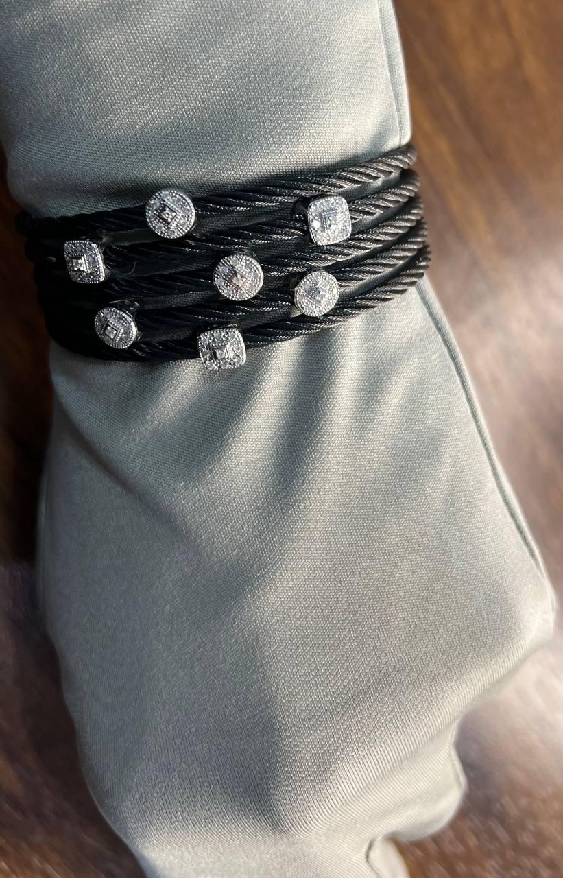 Cable Multi Row with 18K White Gold White Diamonds Filigree Statement Bracelet