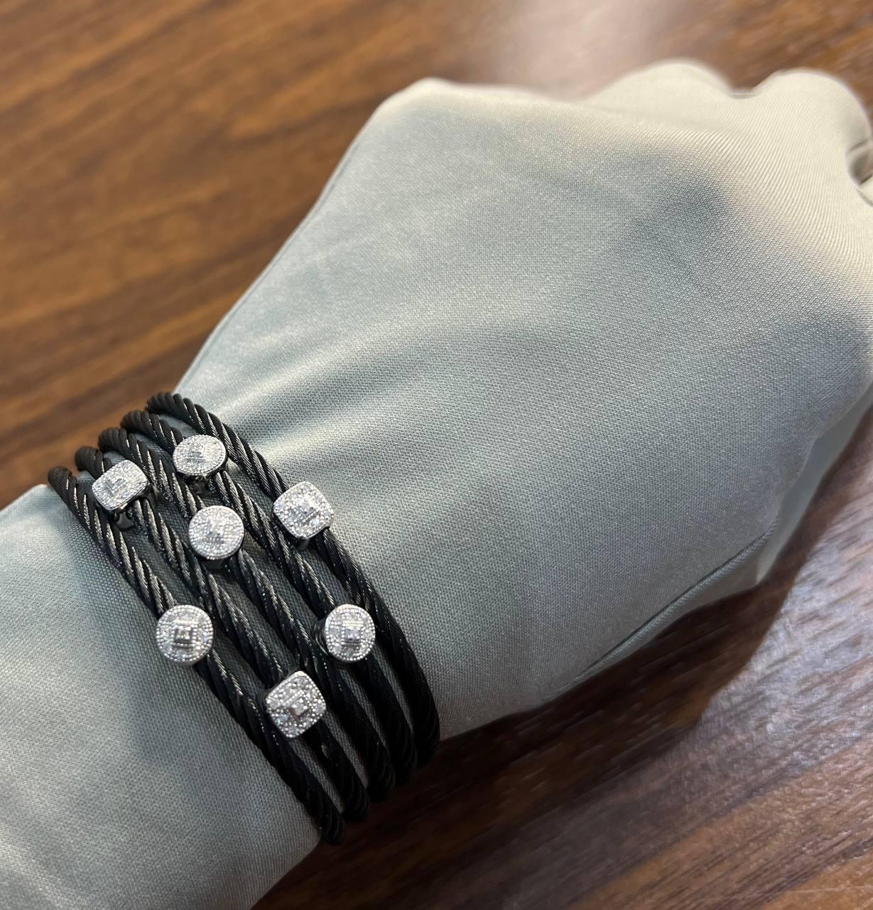 Cable Multi Row with 18K White Gold White Diamonds Filigree Statement Bracelet