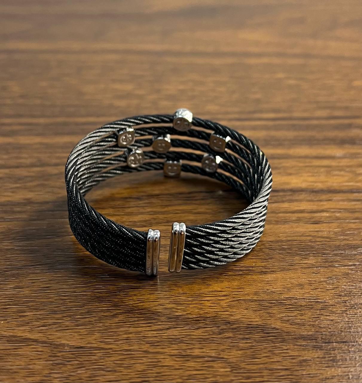 Cable Multi Row with 18K White Gold White Diamonds Filigree Statement Bracelet