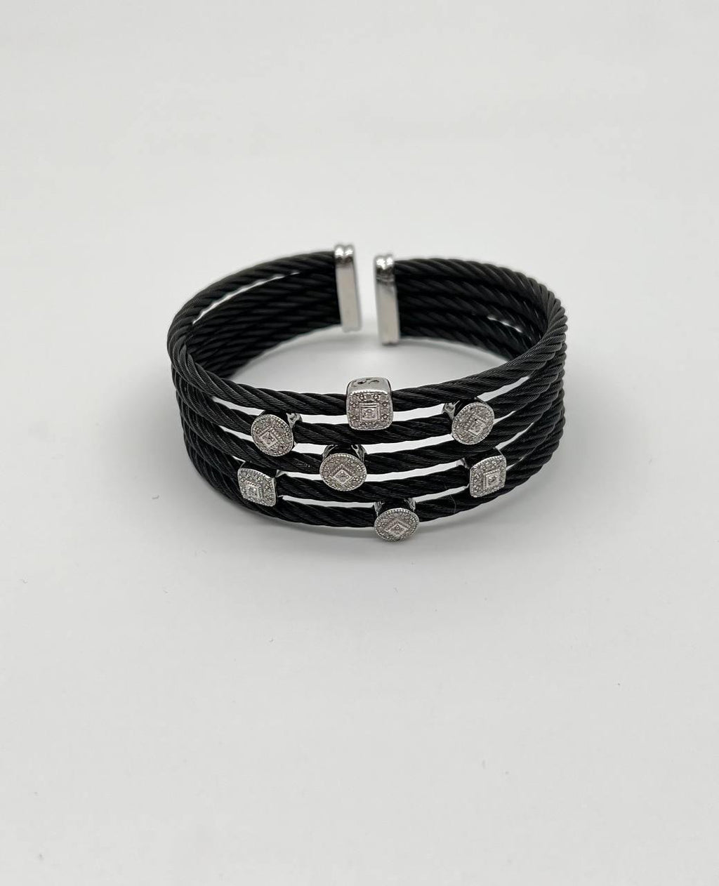 Cable Multi Row with 18K White Gold White Diamonds Filigree Statement Bracelet