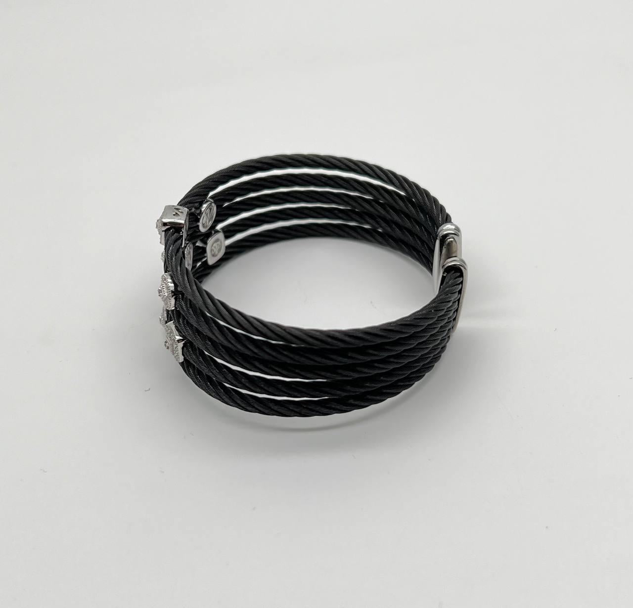 Cable Multi Row with 18K White Gold White Diamonds Filigree Statement Bracelet