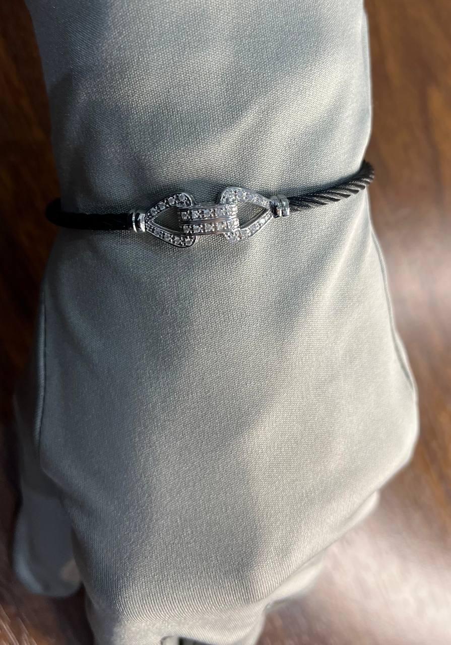 Cable Single Row with 18K White Gold White Diamonds Filigree Statement Bracelet