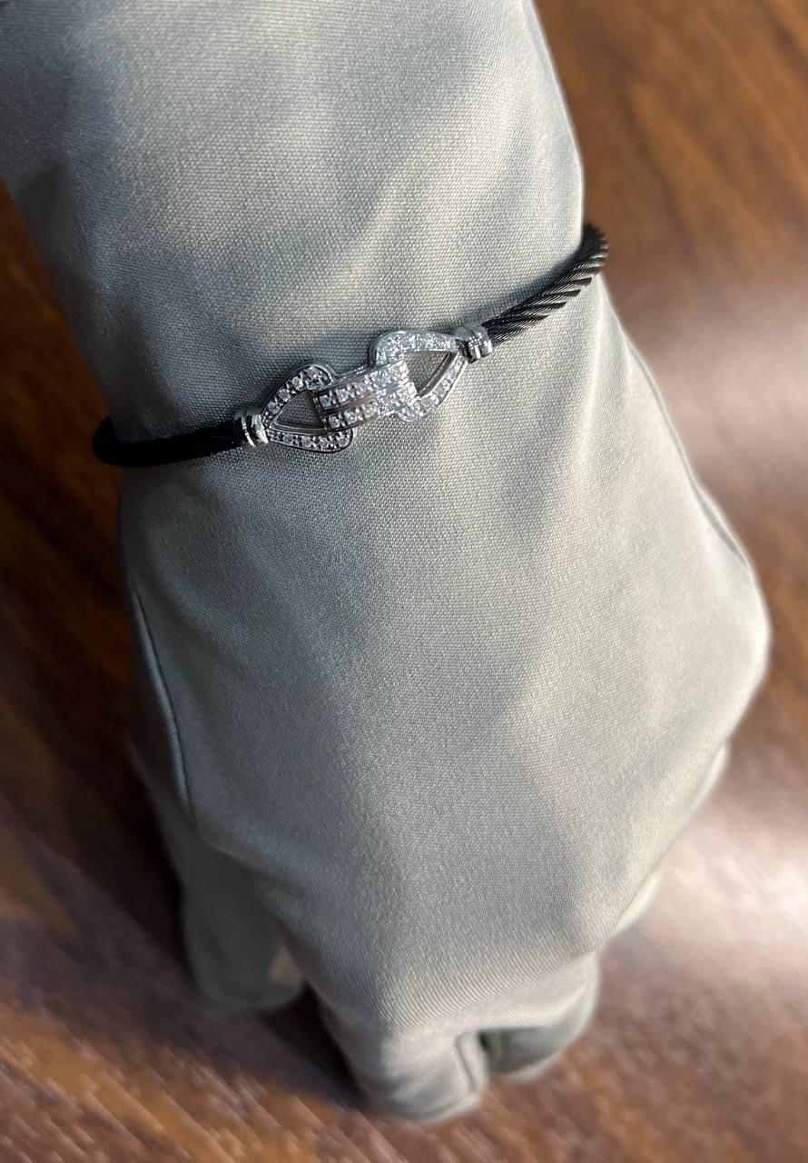 Cable Single Row with 18K White Gold White Diamonds Filigree Statement Bracelet