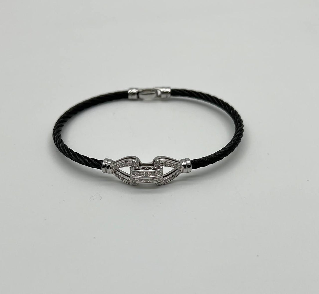 Cable Single Row with 18K White Gold White Diamonds Filigree Statement Bracelet