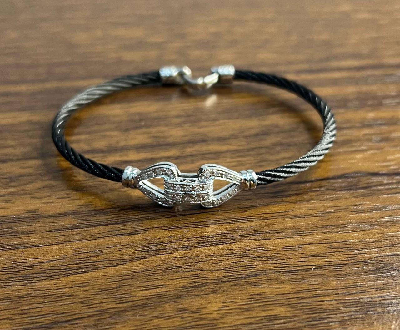 Cable Single Row with 18K White Gold White Diamonds Filigree Statement Bracelet