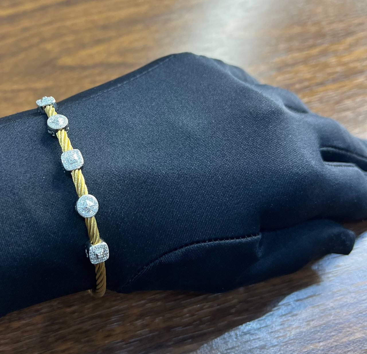 Yellow Cable Multi Row with 18K White Gold Diamonds Filigree Statement Bracelet