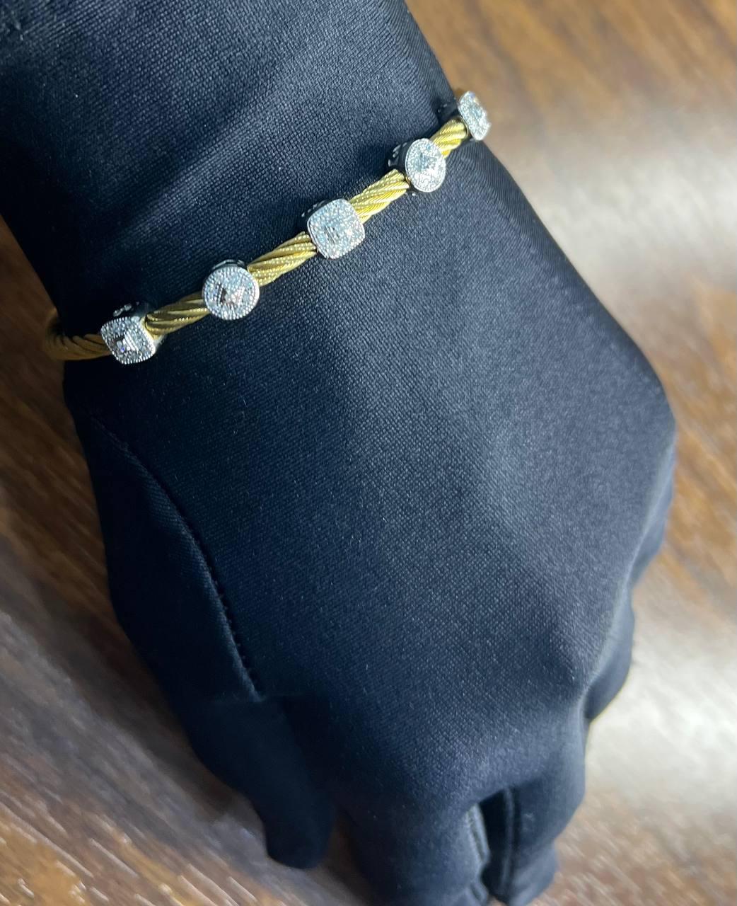 Yellow Cable Multi Row with 18K White Gold Diamonds Filigree Statement Bracelet