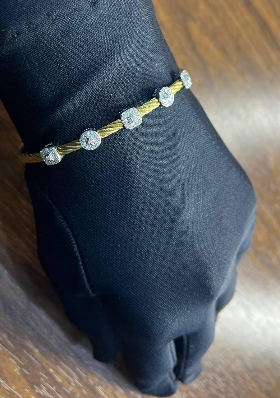 Yellow Cable Multi Row with 18K White Gold Diamonds Filigree Statement Bracelet