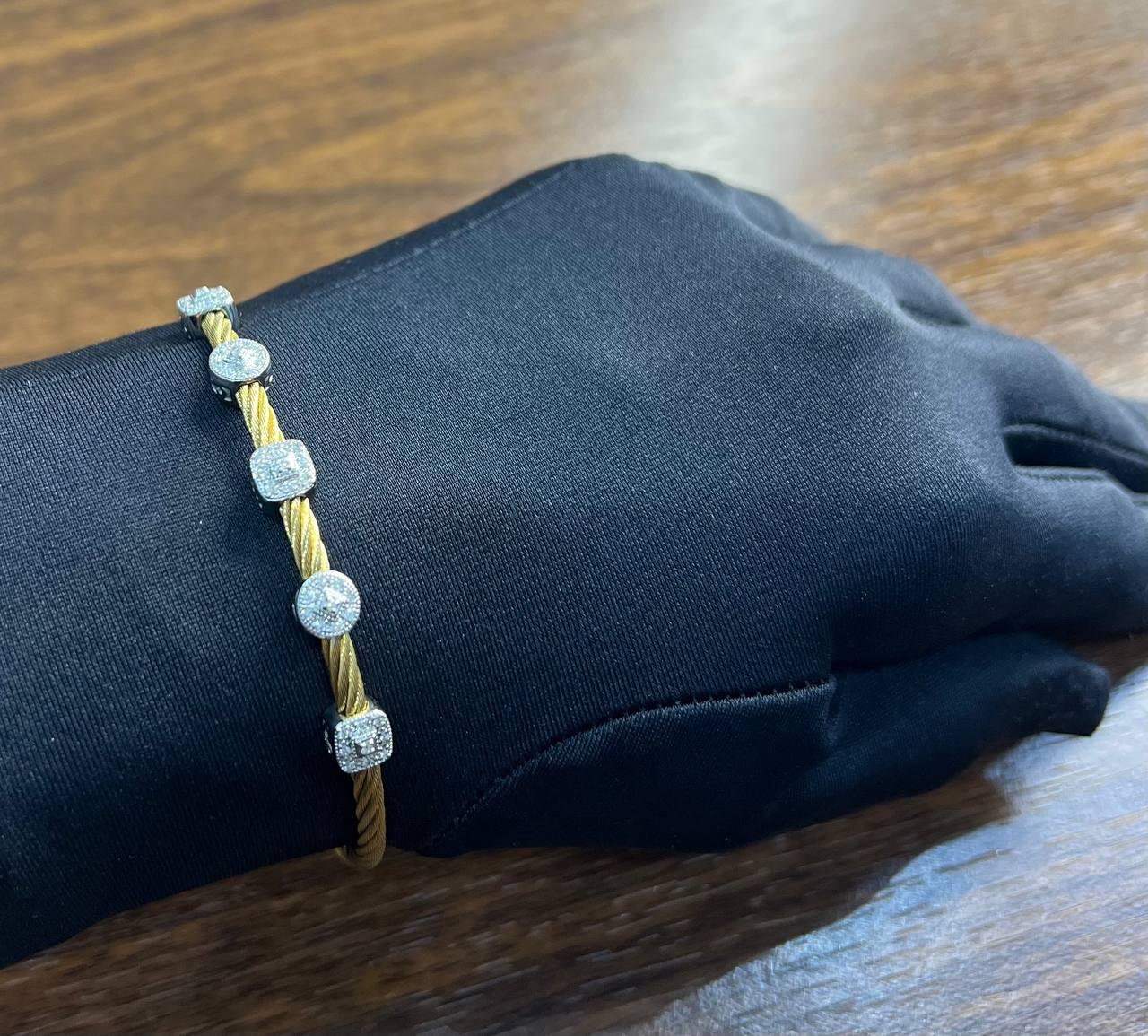 Yellow Cable Multi Row with 18K White Gold Diamonds Filigree Statement Bracelet