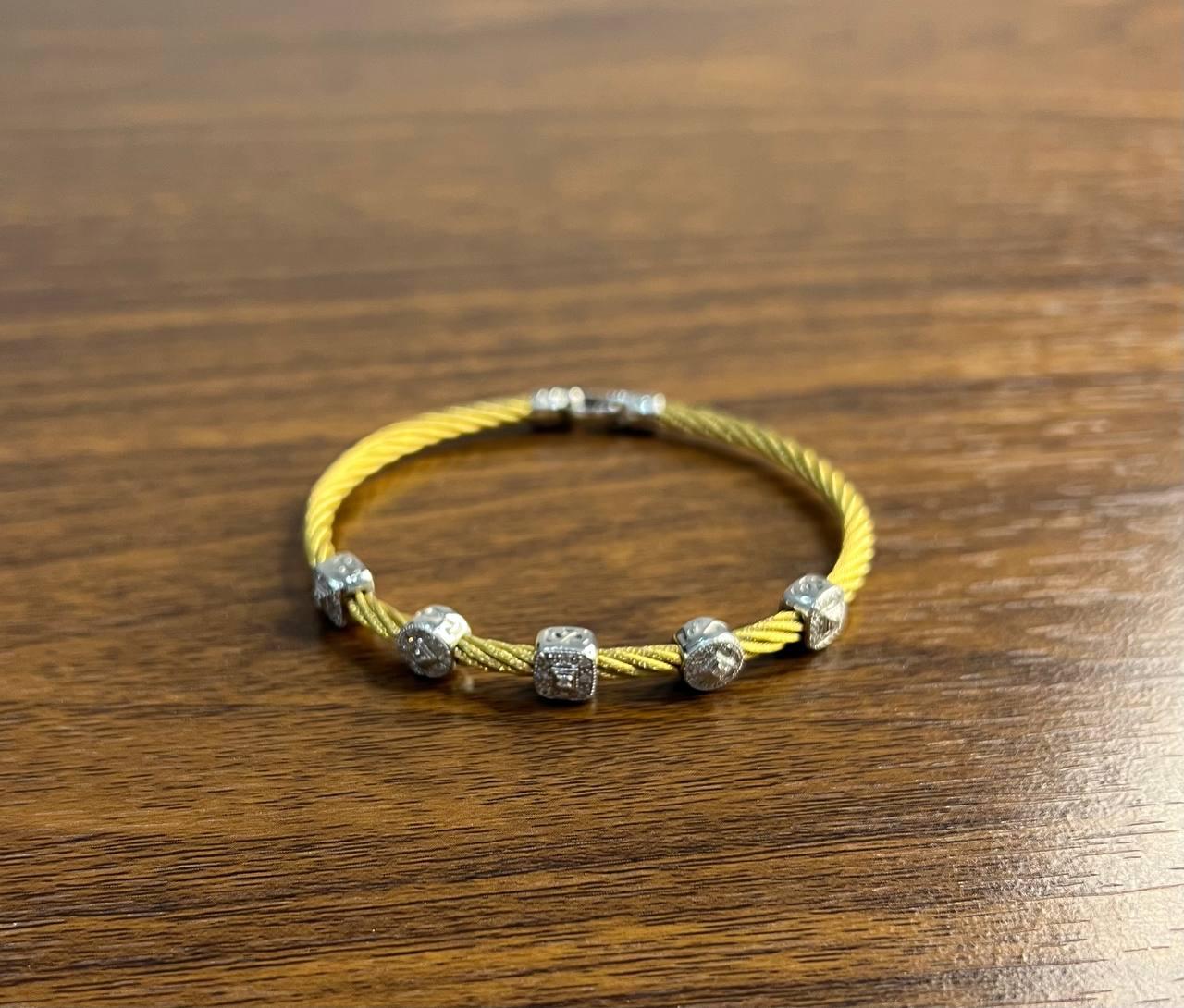 Yellow Cable Multi Row with 18K White Gold Diamonds Filigree Statement Bracelet