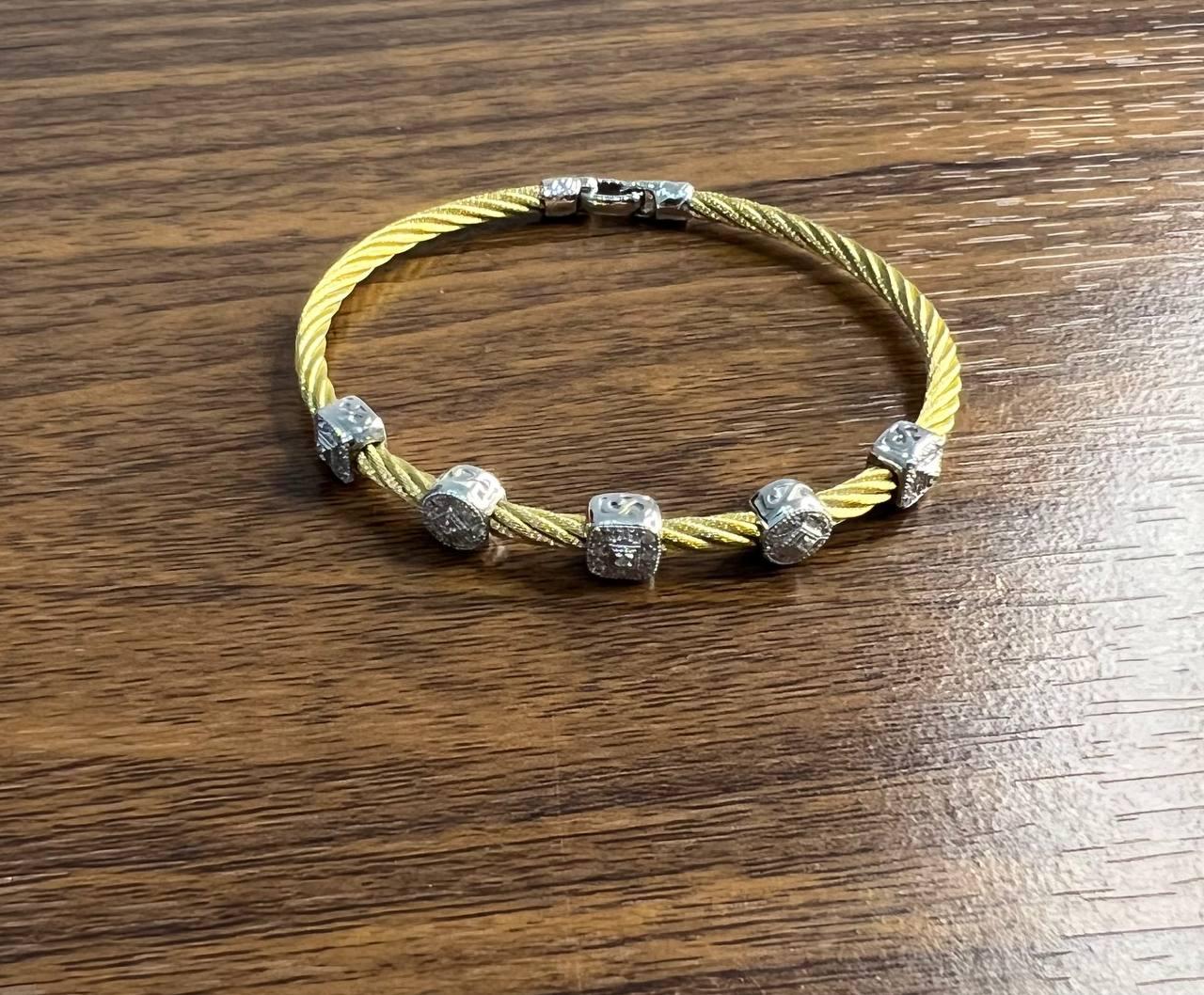 Yellow Cable Multi Row with 18K White Gold Diamonds Filigree Statement Bracelet