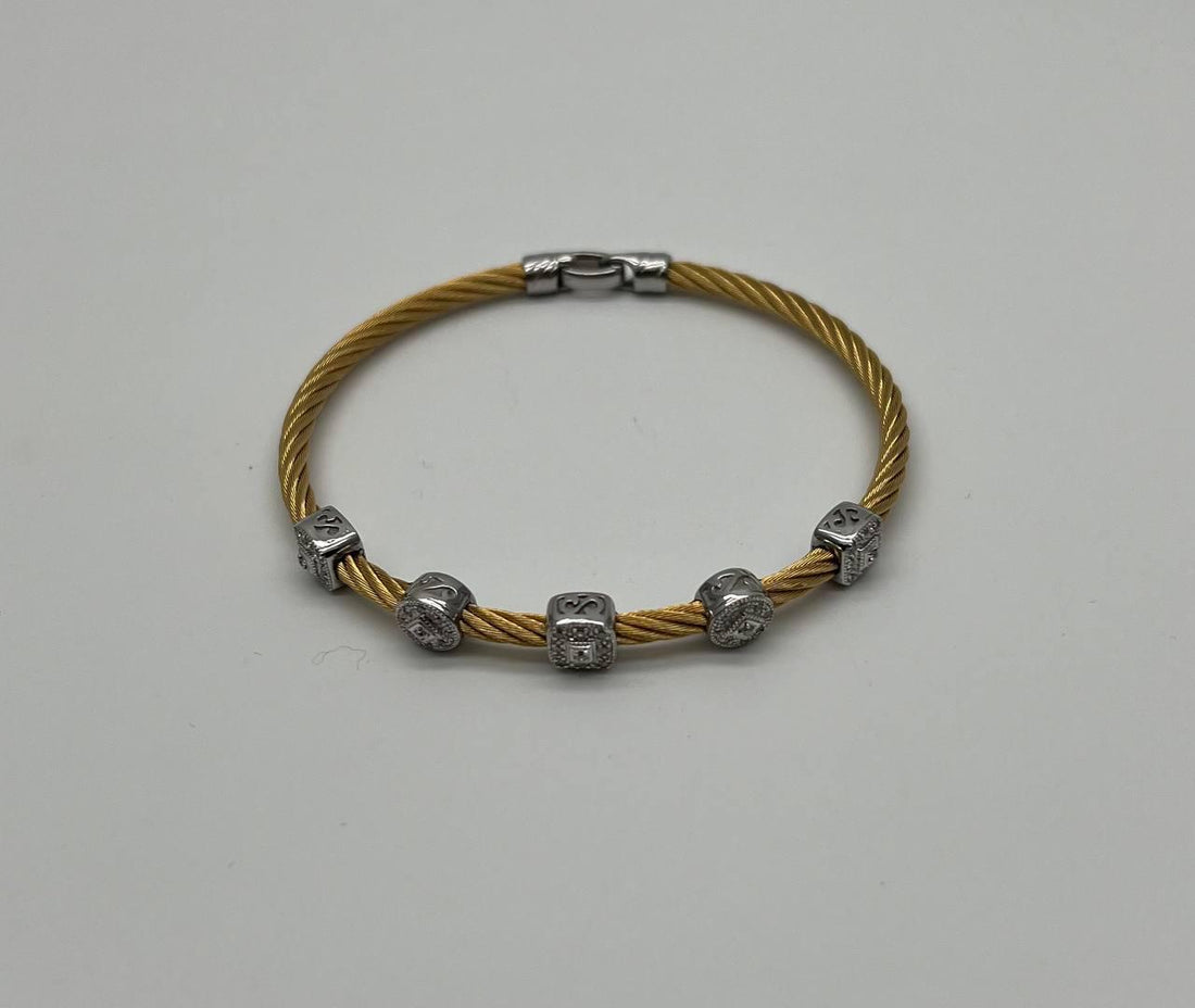 Yellow Cable Multi Row with 18K White Gold Diamonds Filigree Statement Bracelet
