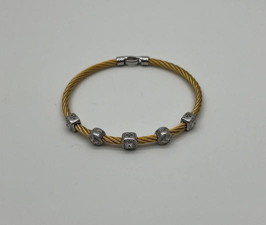 Yellow Cable Multi Row with 18K White Gold Diamonds Filigree Statement Bracelet