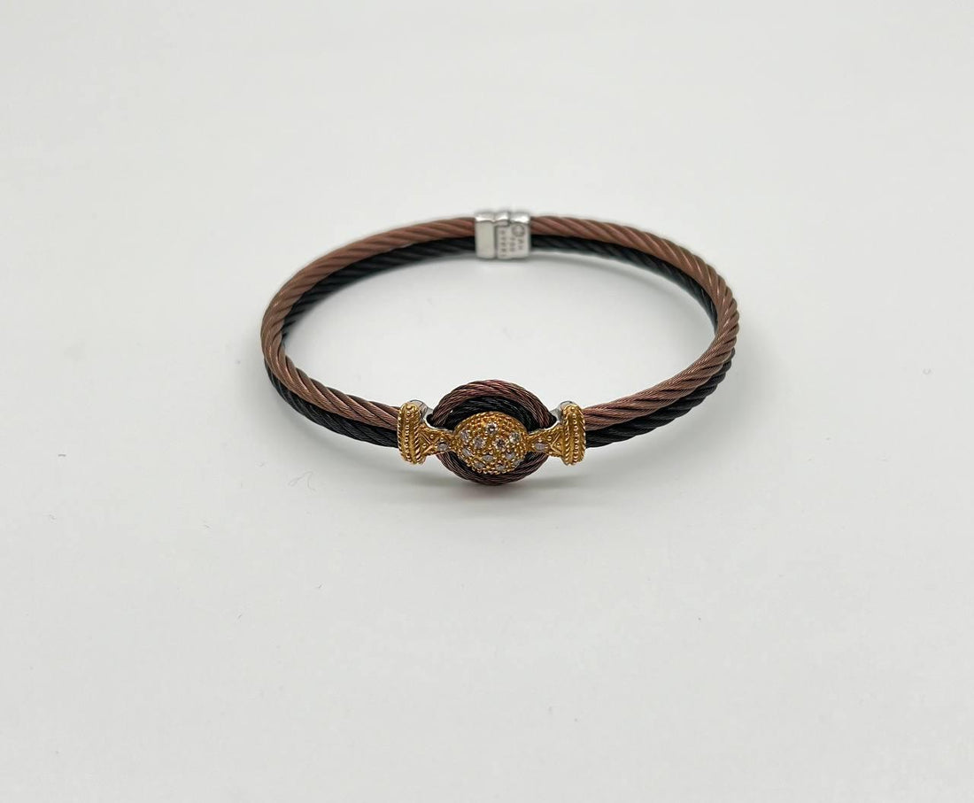 Brown Black Cable Row 18K Rose White Gold Diamonds Filigree Statement Bracelet