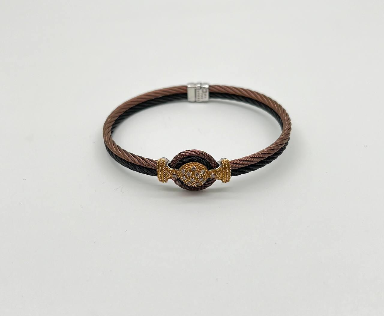 Brown Black Cable Row 18K Rose White Gold Diamonds Filigree Statement Bracelet