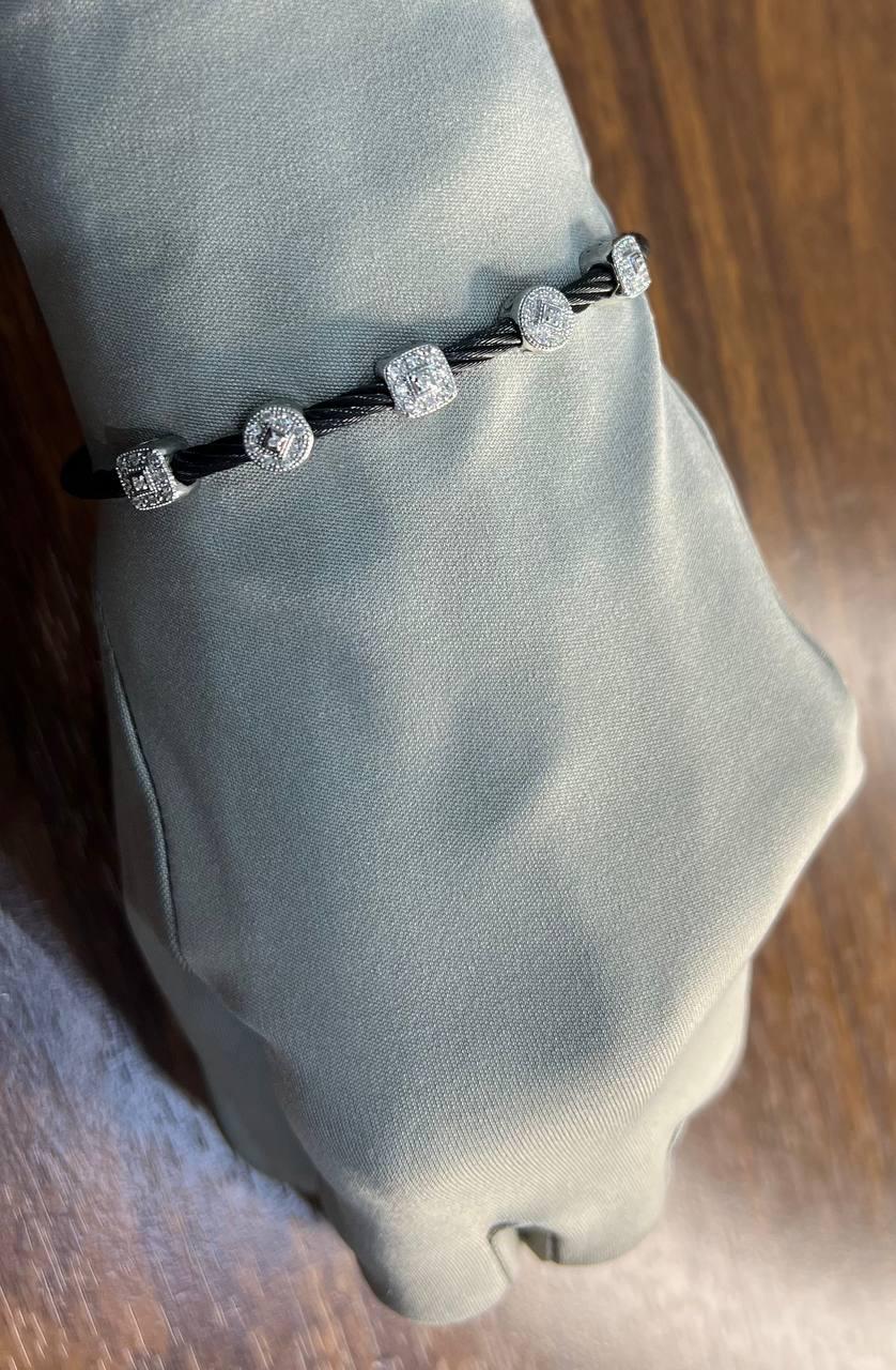 Black Cable Row with 18K White Gold Diamonds Filigree Statement Steel Bracelet