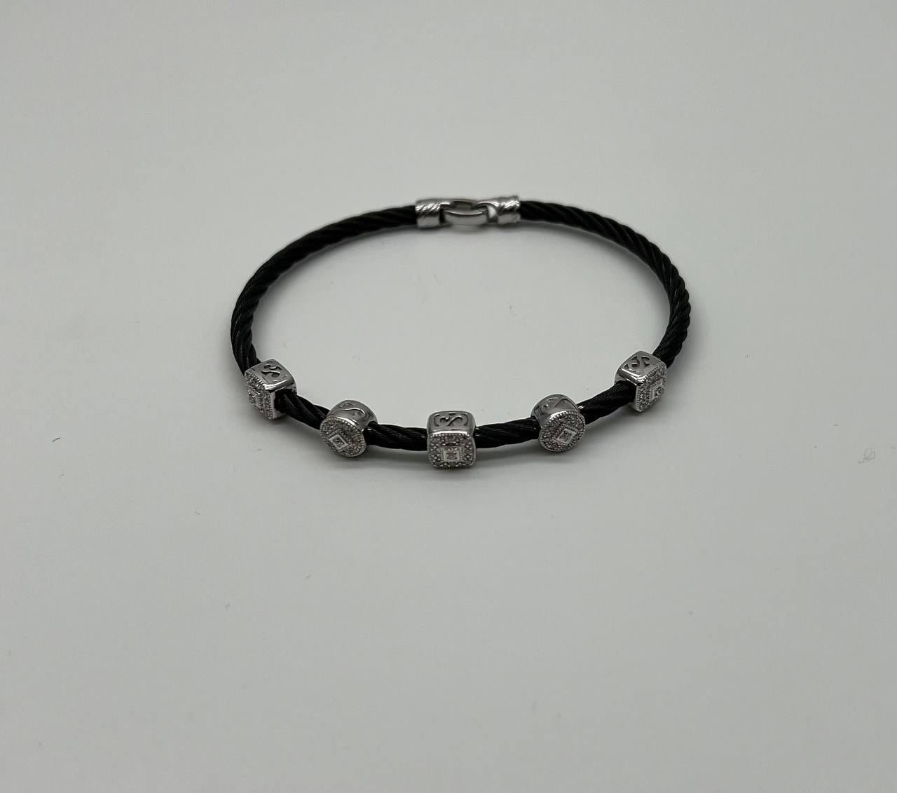 Black Cable Row with 18K White Gold Diamonds Filigree Statement Steel Bracelet