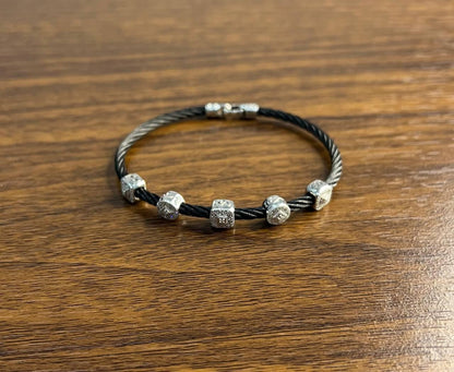 Black Cable Row with 18K White Gold Diamonds Filigree Statement Steel Bracelet