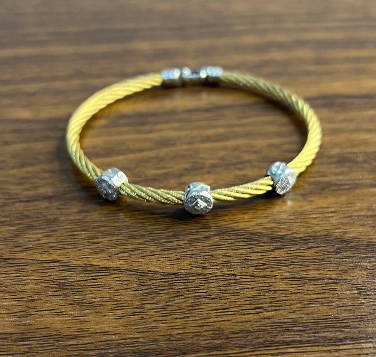 Yellow Cable Row with 18 Karat White Gold Diamonds Filigree Statement Bracelet