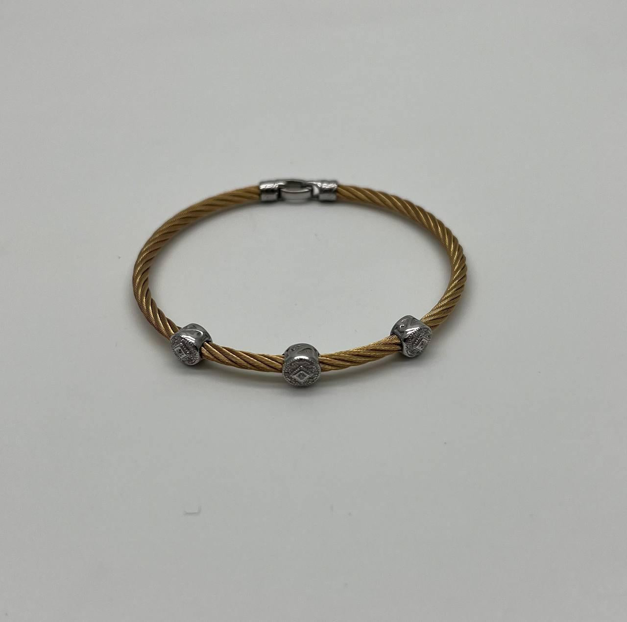 Yellow Cable Row Steel 18 Karat White Gold Diamonds Filigree Statement Bracelet