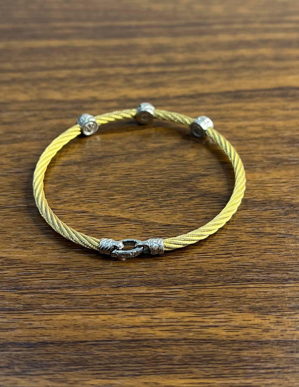 Yellow Cable Row with 18 Karat White Gold Diamonds Filigree Statement Bracelet