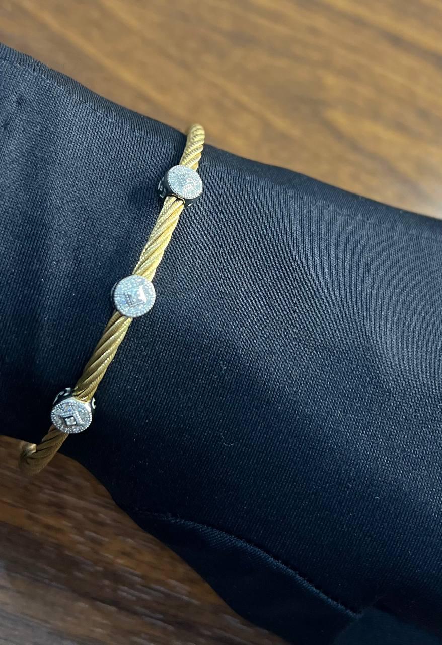 Yellow Cable Row with 18 Karat White Gold Diamonds Filigree Statement Bracelet