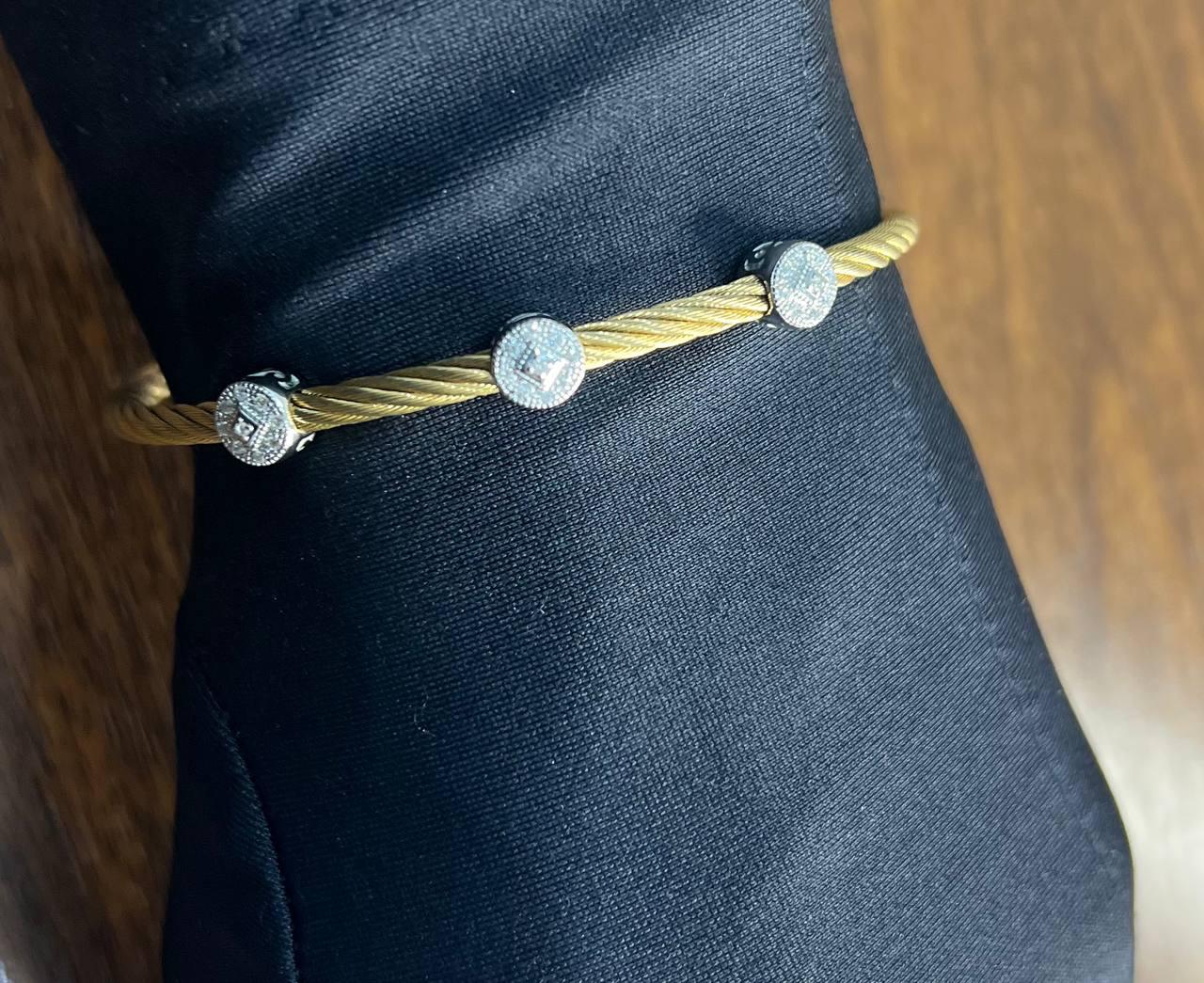 Yellow Cable Row with 18 Karat White Gold Diamonds Filigree Statement Bracelet