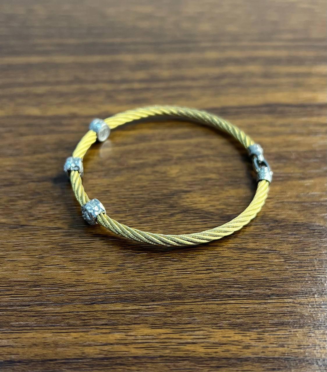 Yellow Cable Row with 18 Karat White Gold Diamonds Filigree Statement Bracelet