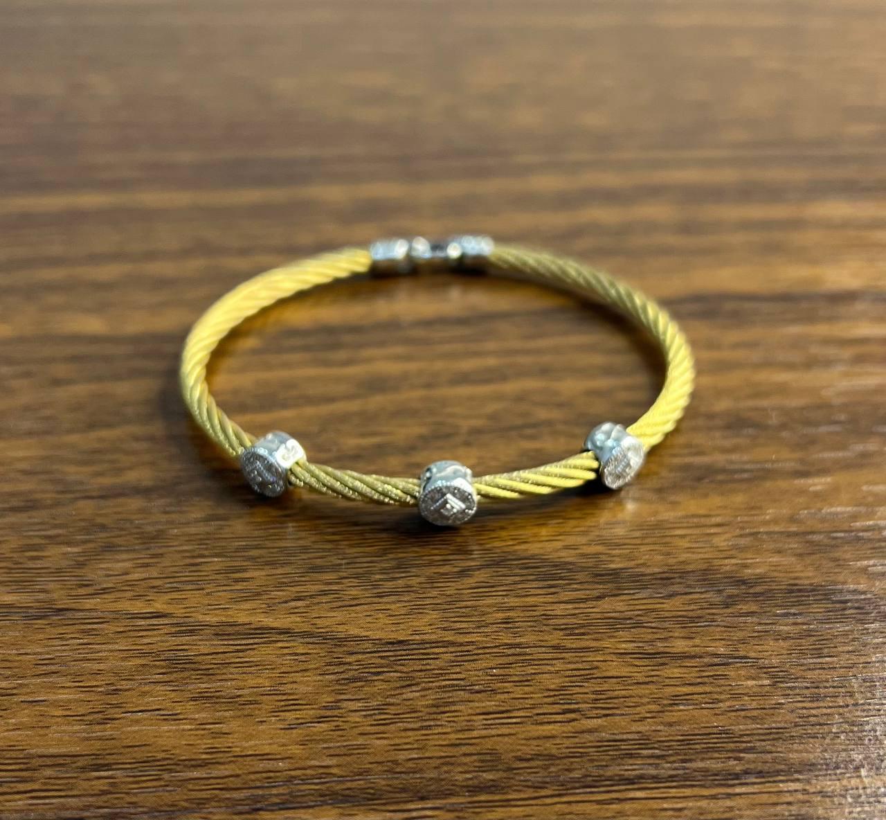 Yellow Cable Row with 18 Karat White Gold Diamonds Filigree Statement Bracelet