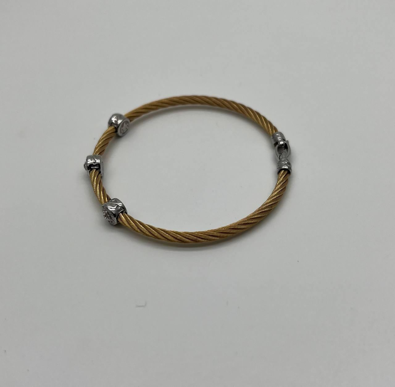 Yellow Cable Row Steel 18 Karat White Gold Diamonds Filigree Statement Bracelet