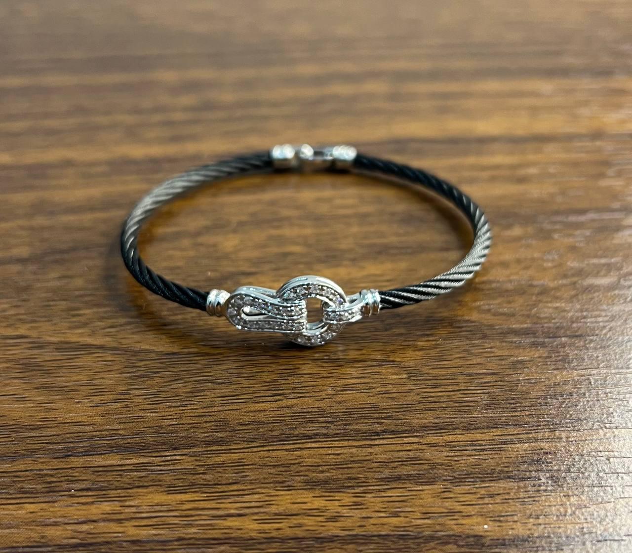 black steel cable row 18 karat white gold diamonds filigree statement bracelet