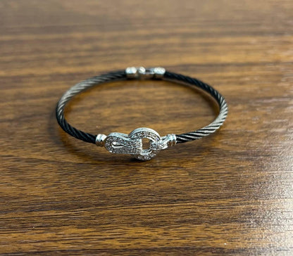 Black Steel Cable Row 18 Karat White Gold Diamonds Filigree Statement Bracelet