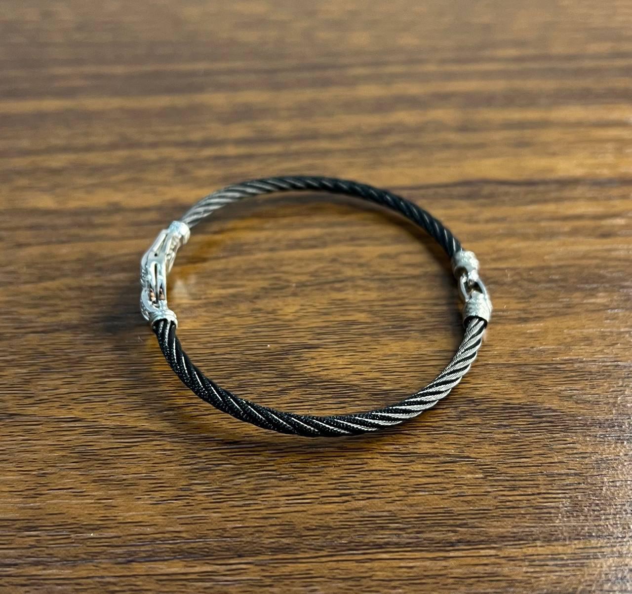 Black Steel Cable Row 18 Karat White Gold Diamonds Filigree Statement Bracelet
