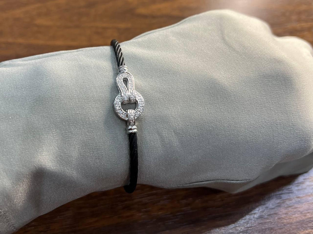 Black Steel Cable Row 18 Karat White Gold Diamonds Filigree Statement Bracelet