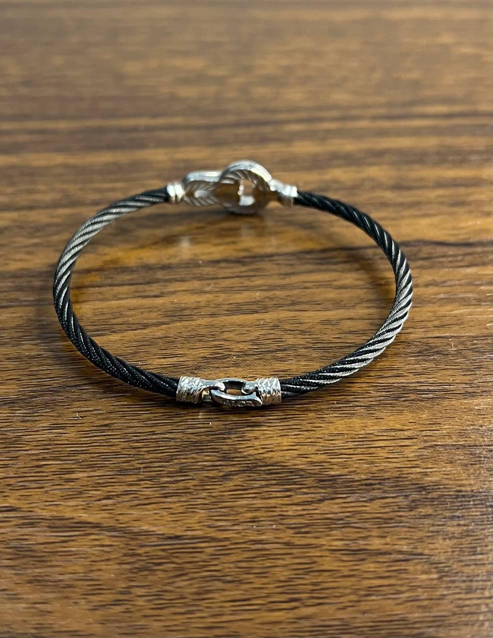 Black Steel Cable Row 18 Karat White Gold Diamonds Filigree Statement Bracelet