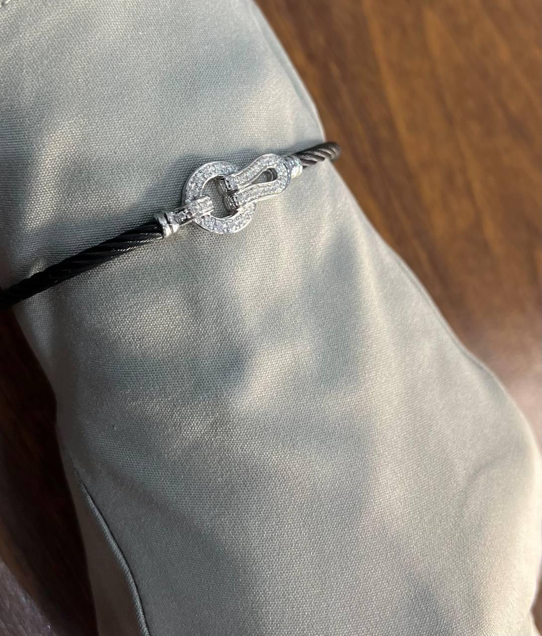 Black Steel Cable Row 18 Karat White Gold Diamonds Filigree Statement Bracelet