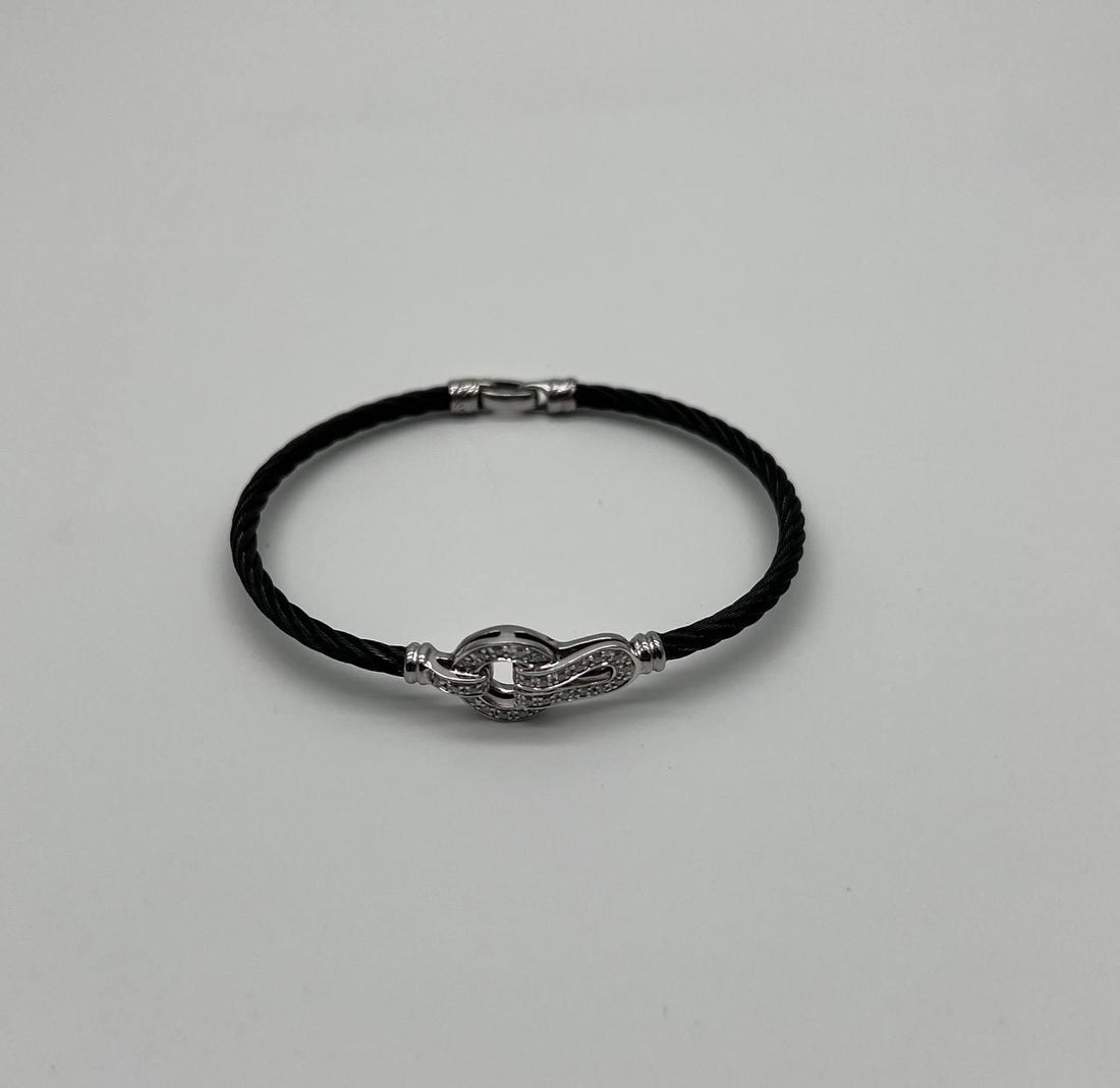 Black Steel Cable Row 18 Karat White Gold Diamonds Filigree Statement Bracelet