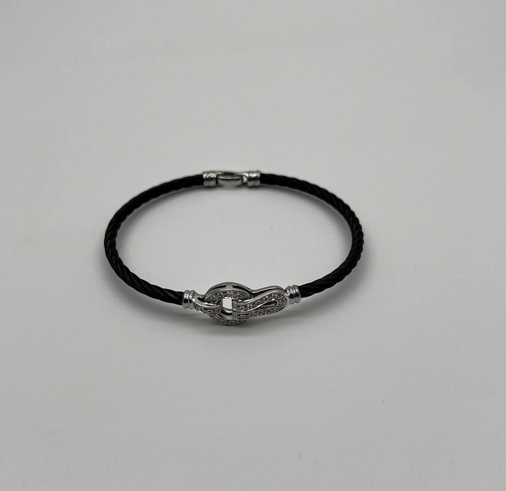 Black Steel Cable Row 18 Karat White Gold Diamonds Filigree Statement Bracelet