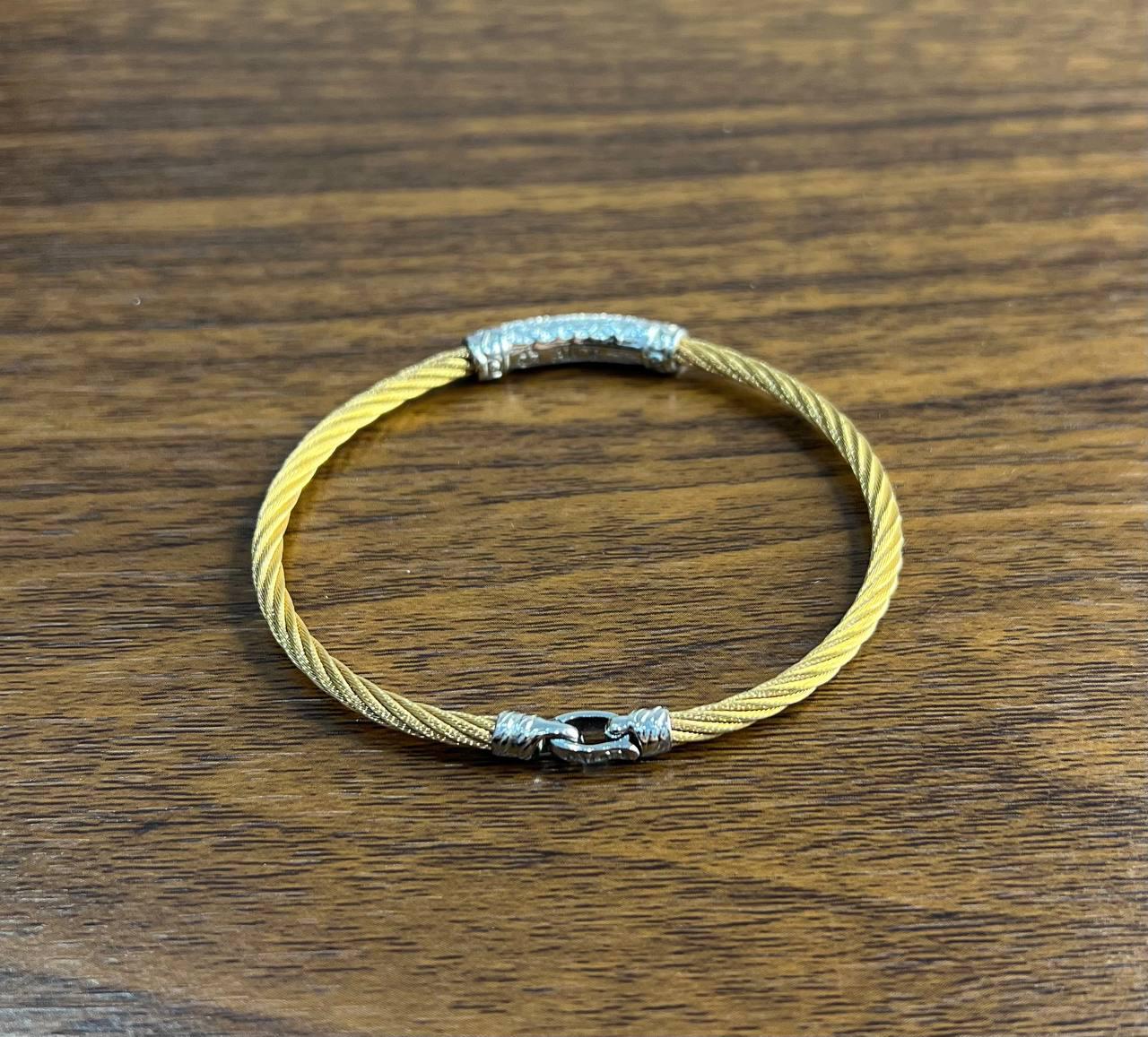 Yellow Steel Cable Row 18K White Gold Diamonds Pave Filigree Statement Bracelet