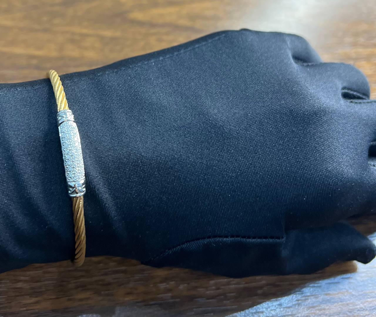 Yellow Steel Cable Row 18K White Gold Diamonds Pave Filigree Statement Bracelet