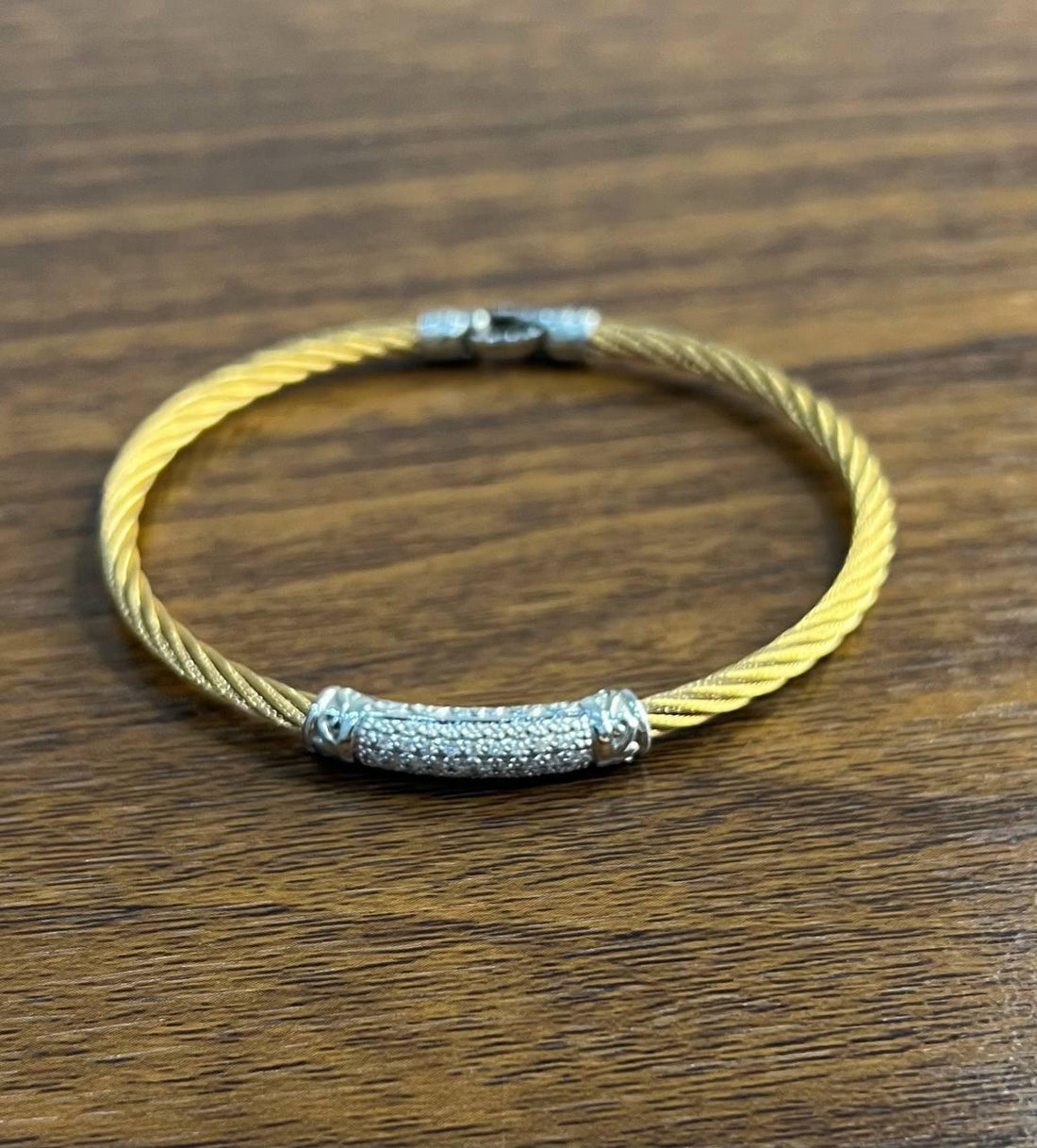 Yellow Steel Cable Row 18K White Gold Diamonds Pave Filigree Statement Bracelet