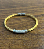 Yellow Steel Cable Row 18K White Gold Diamonds Pave Filigree Statement Bracelet