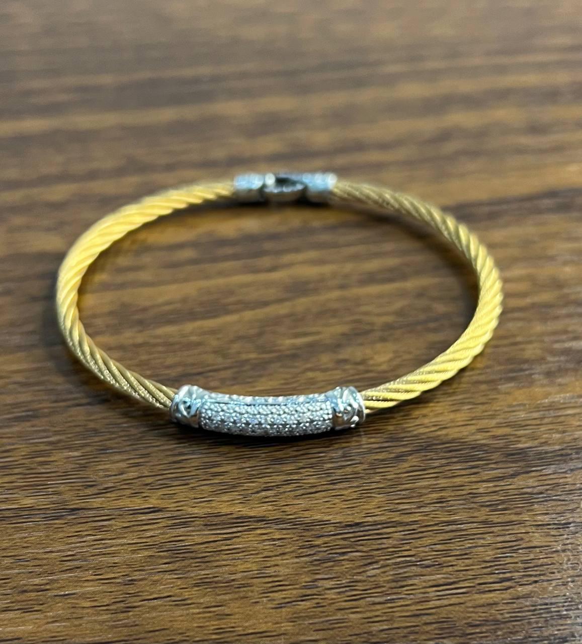 Yellow Steel Cable Row 18K White Gold Diamonds Pave Filigree Statement Bracelet