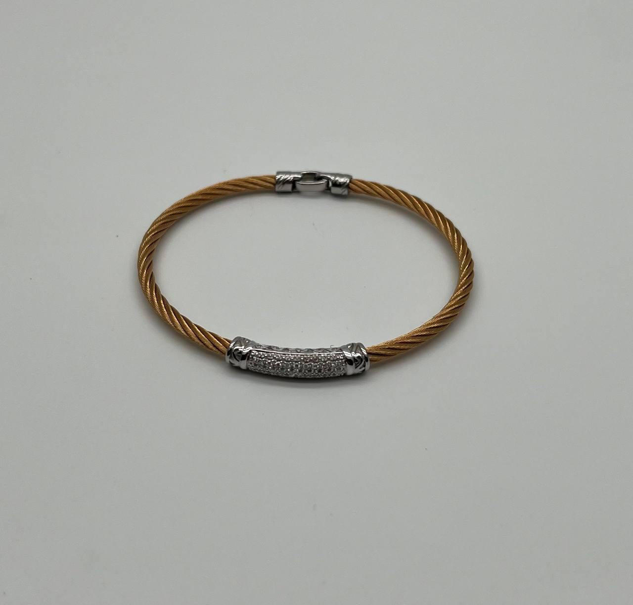 Yellow Steel Cable Row 18K White Gold Diamonds Pave Filigree Statement Bracelet